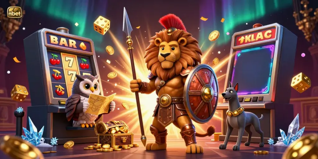 Engaging scene featuring the nbet brand with a Spartan lion, an owl strategist, and a greyhound, surrounded by dynamic casino elements.
