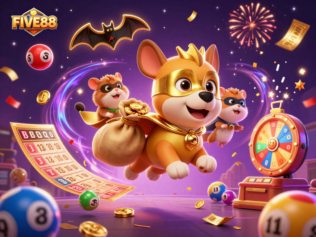 Experience the excitement of FIVE88 with a superhero dog and hamster soaring through a dynamic casino-themed scene.