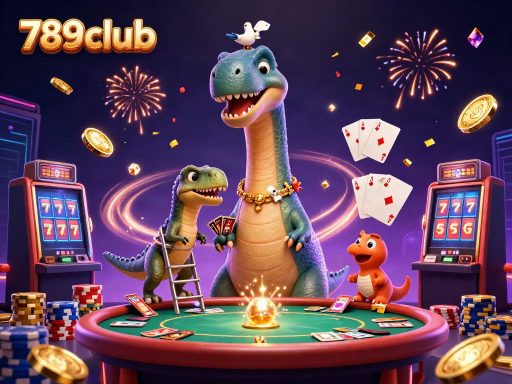 Experience the thrill of 789club casino with festive brontosaurus dealing cards and vibrant game elements.