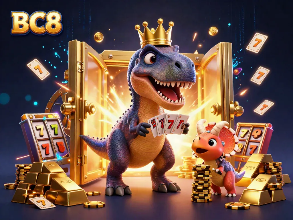 BC8 brings excitement as a T-Rex shuffles cards, while colorful casino elements surround the scene.