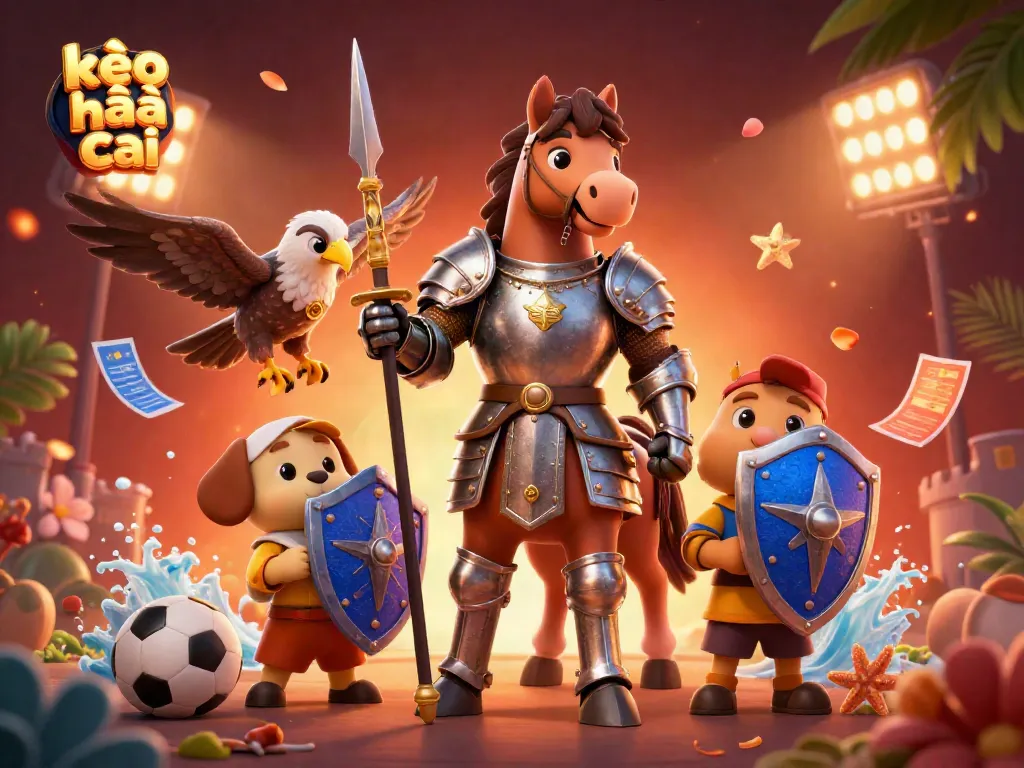 Showcase your kèo nhà cái strategy with detailed sports betting illustration featuring knight and puppy characters.