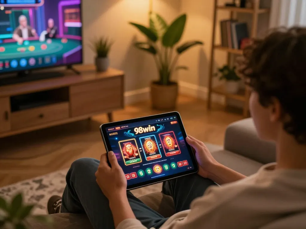 Engaging in online gaming with 98win, vibrant casino interface displayed on tablet at home