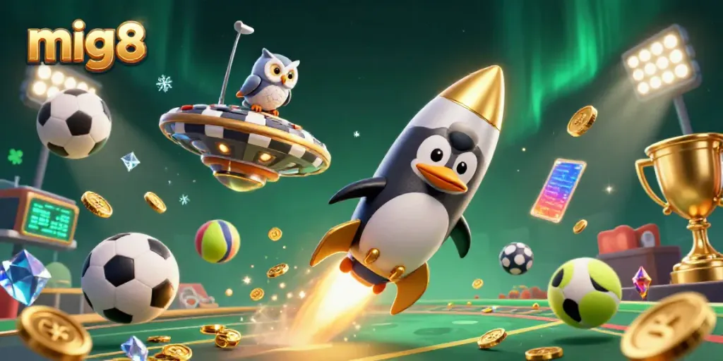 Experience thrilling gaming adventures at mig8 with a golden penguin racing to the casino space station.