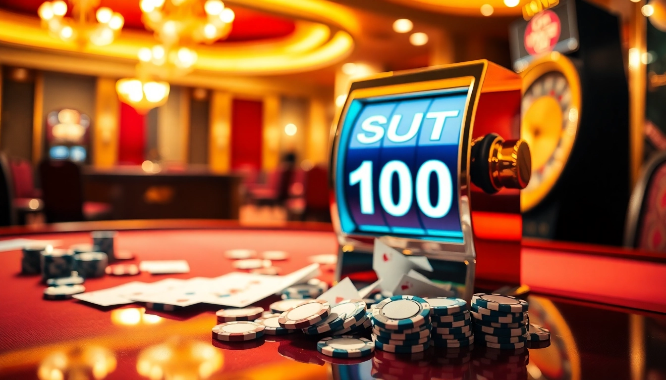 Experience the excitement of slot bet 100 at a glamorous casino setting, with brightly lit slot machines and poker chips.