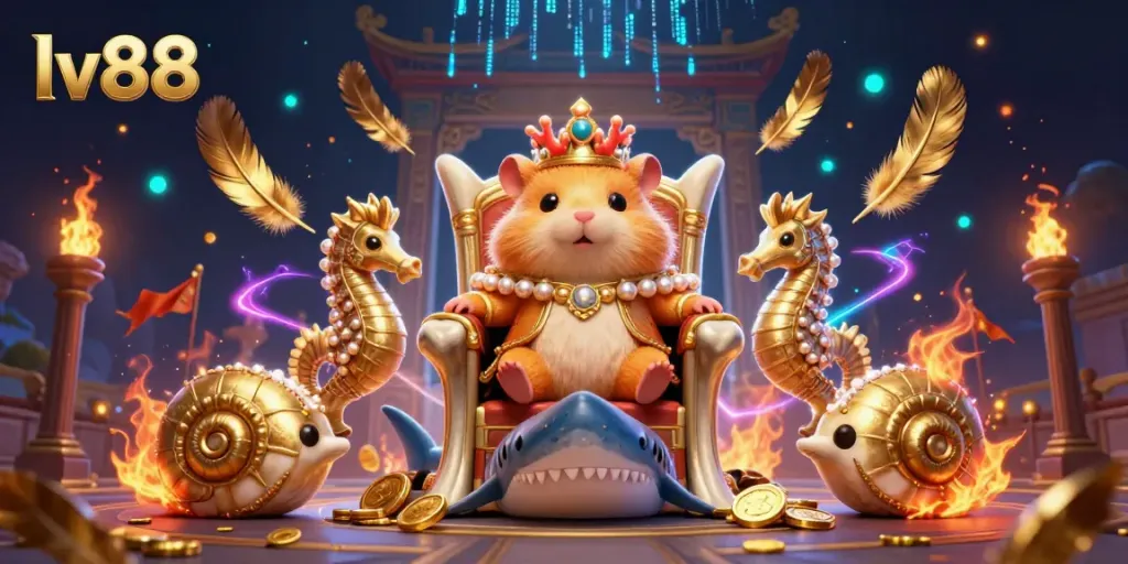 Experience thrilling gameplay at lv88 with a golden hamster king in a dynamic, casino-themed 3D illustration.