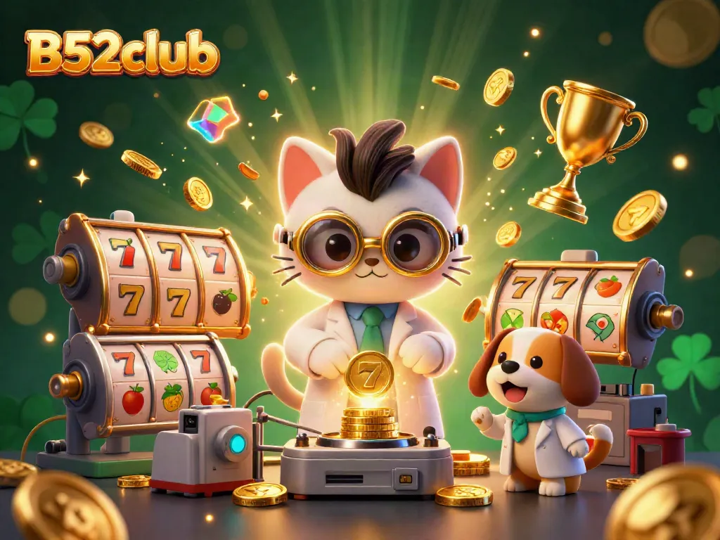 Engage with the vibrant world of B52club's slot games as a mad scientist cat conjures gold coins.