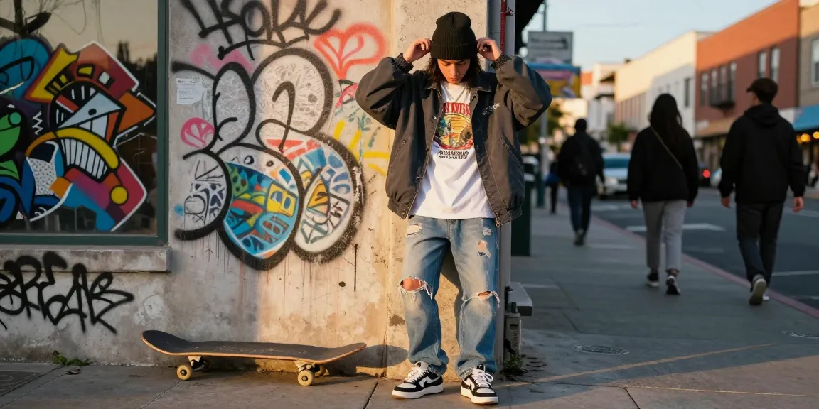 Motchill streetwear model posing confidently against graffiti wall, showcasing urban fashion style and vibrant city life.