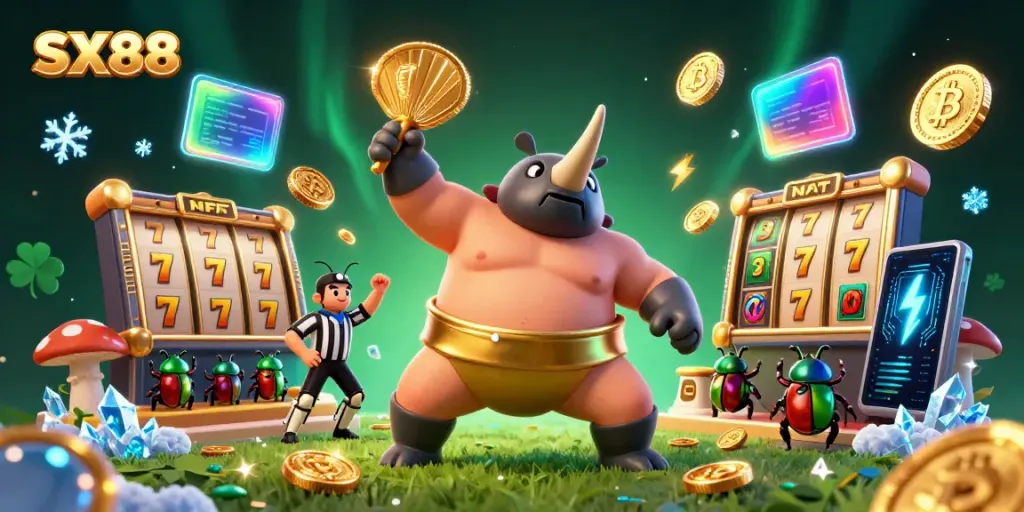 Engage with SX88 as a sumo beetle champion thrills players with jackpot wins amidst vibrant casino elements.