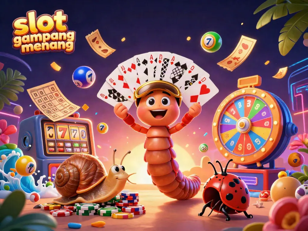 Experience slot gampang menang with a vibrant 3D casino scene featuring colorful games and characters.