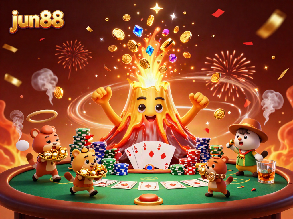 Experience thrilling wins with jun88 at a vibrant casino illustrated scene of a rich volcano