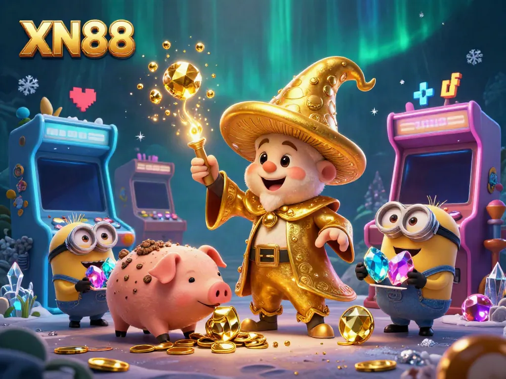 Experience thrilling gaming action at XN88 with vibrant characters and sparkling gems in a colorful casino scene.