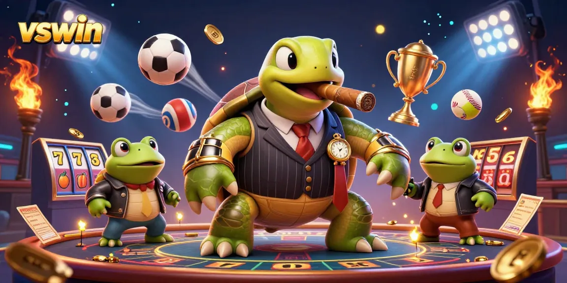 Engage in thrilling slots action with vswin's dynamic 3D casino scene featuring a snapping turtle and bullfrog enforcers.