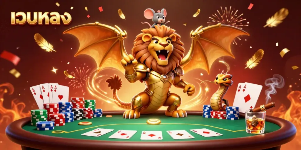 Experience เว็บตรง action with a roaring chimera and poker elements in a vibrant 3D illustration.