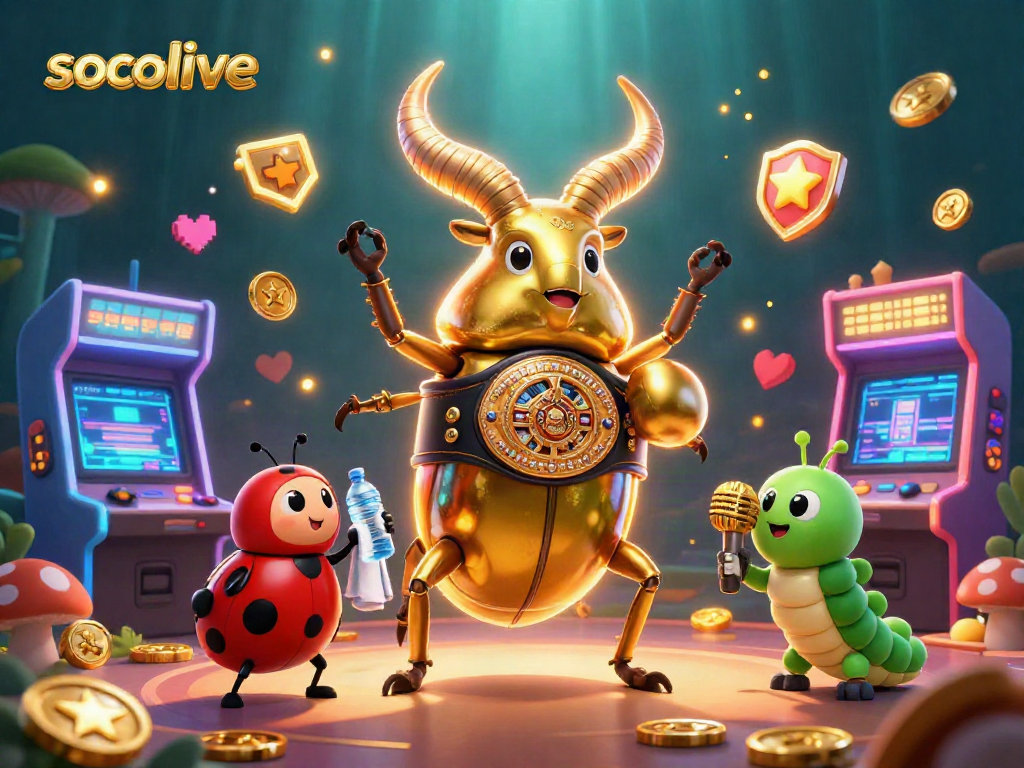 Socolive gaming scene featuring a giant golden stag beetle boxing, promoting sports betting in a lively 3D illustration.