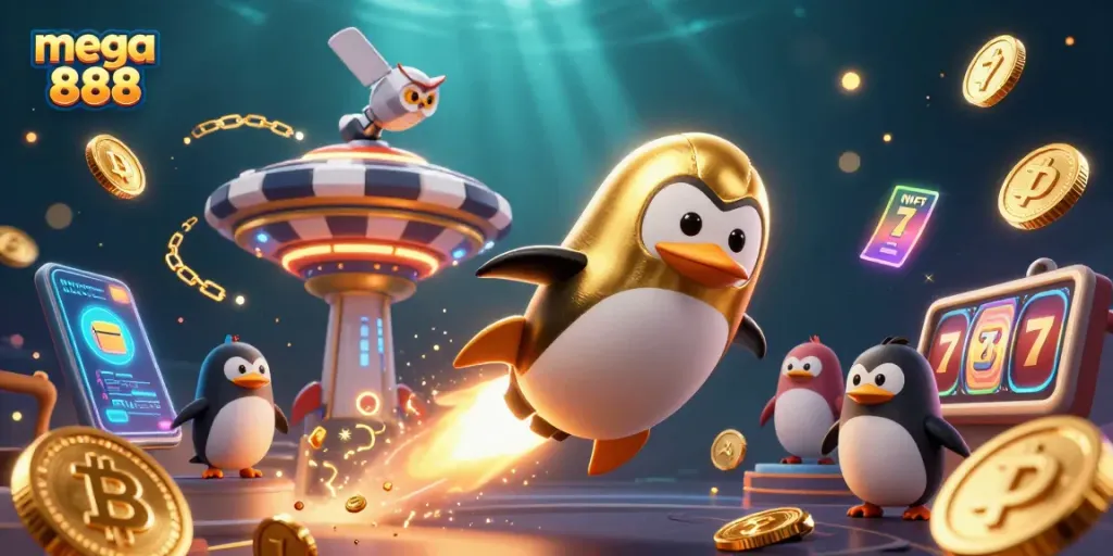 Experience the thrill of mega 888 with a dazzling scene of a golden penguin blasting through space.