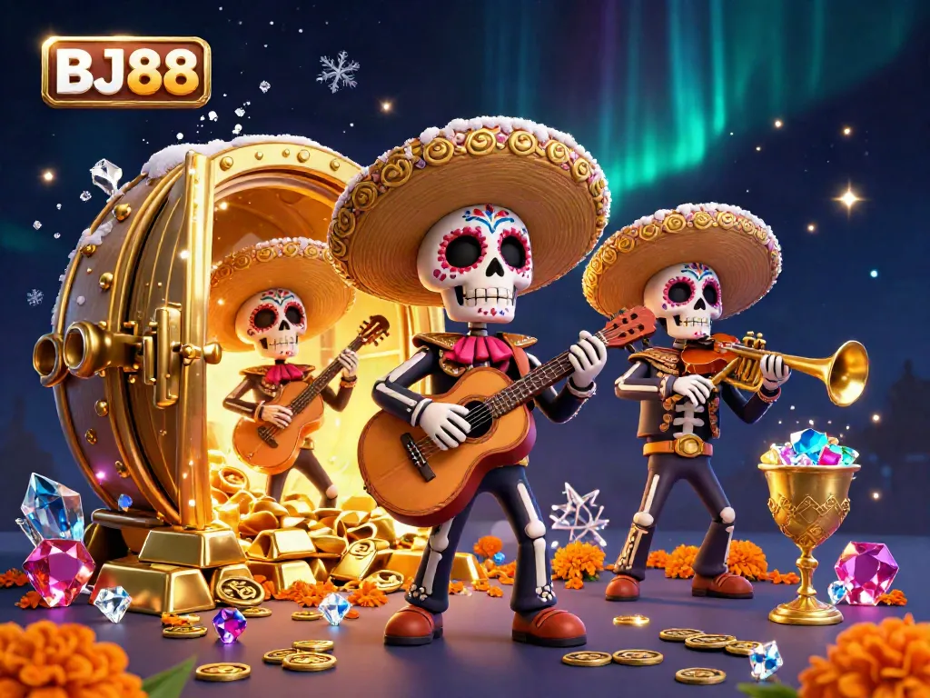 BJ88 showcases a vibrant scene with a Dia de los Muertos mariachi band amidst treasures in an online casino setting.