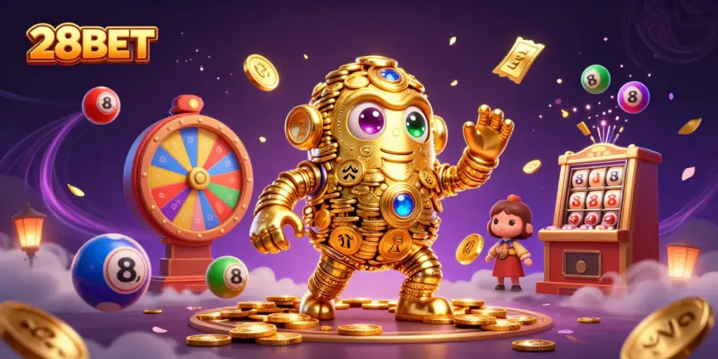 Engage with 28BET's vibrant lottery and gaming elements, showcasing dynamic casino excitement.