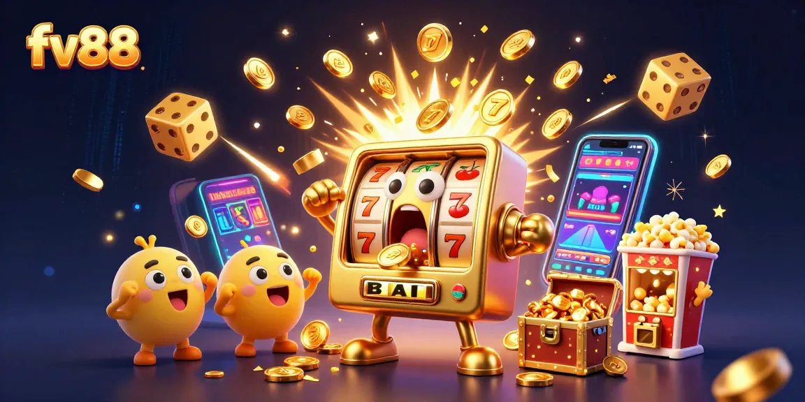 Experience thrilling jackpots with fv88's vibrant slot machines and lively casino elements in this dynamic illustration.