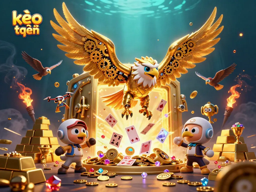 Experience kèo trực tuyến with a dynamic scene of a golden eagle amidst treasure and holographic cards.