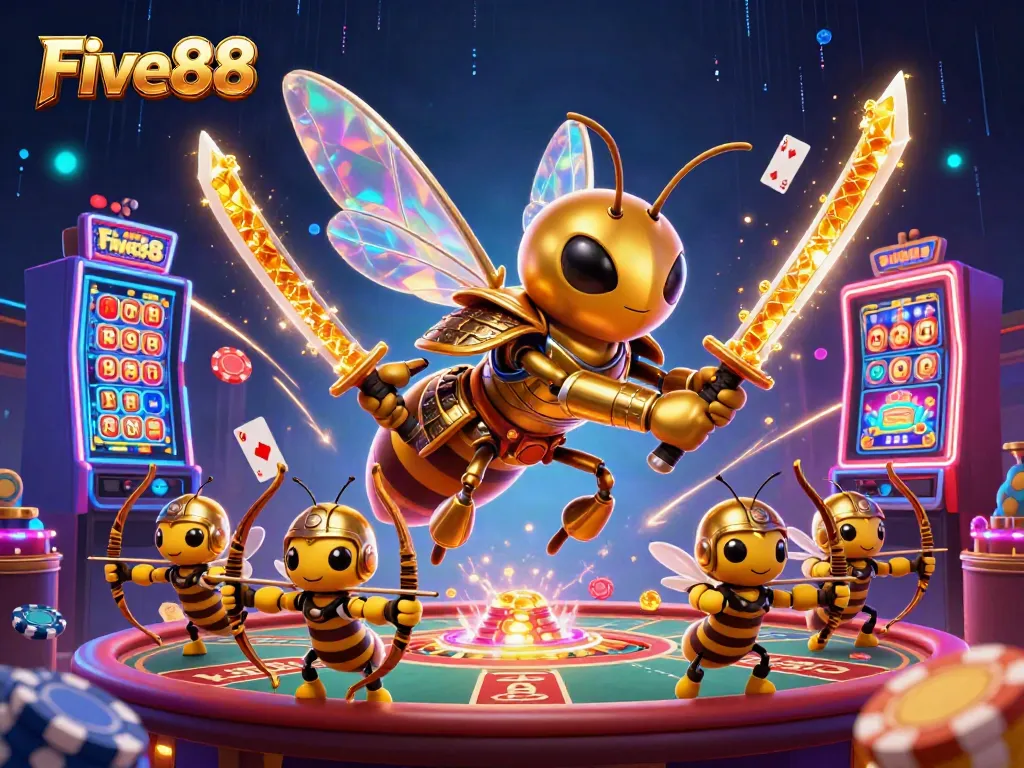 Engage in thrilling games at Five88, featuring dynamic casino scenes with vibrant characters.