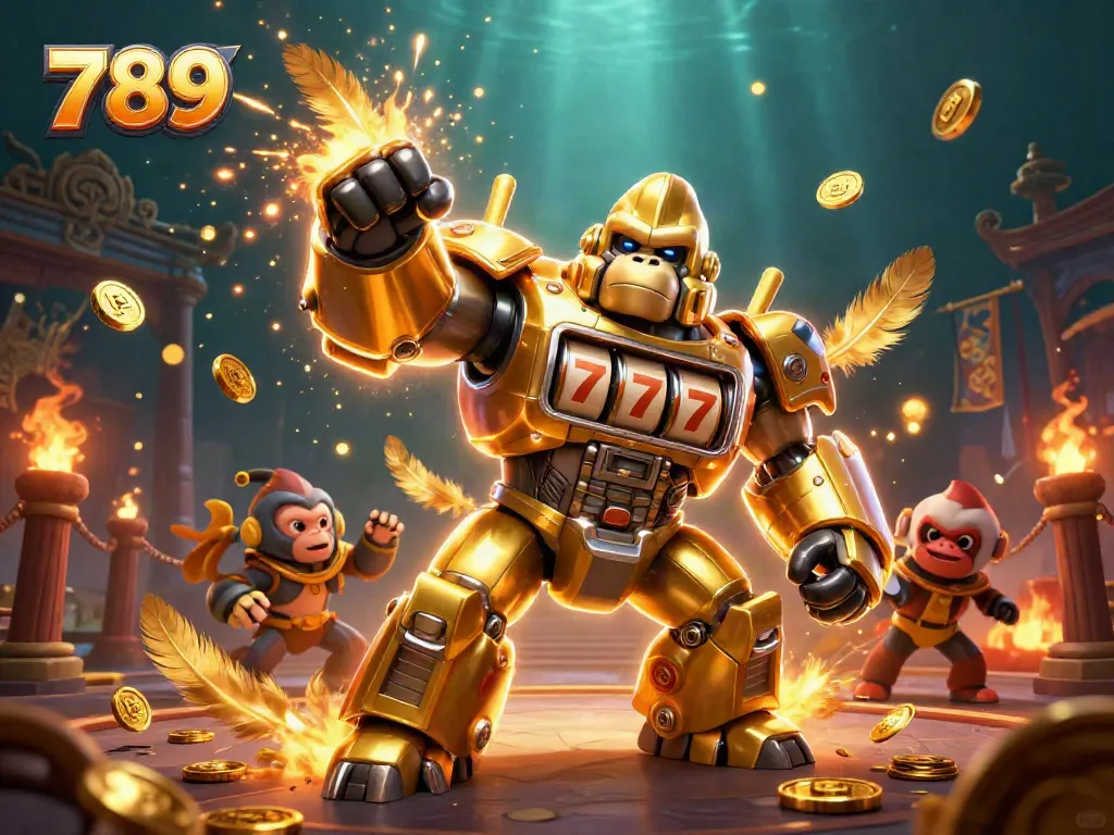 Experience the excitement of 789 with a dynamic golden gorilla mech and slot machine elements.