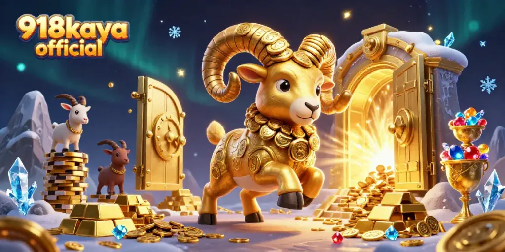 Experience thrilling gameplay with the 918kaya official app featuring a golden ram charging toward victory amidst treasure.
