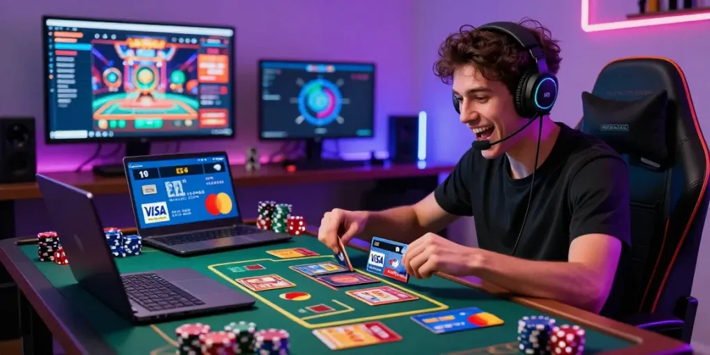 Player enjoying credit card casinos at home, surrounded by gaming elements and illuminated ambiance.
