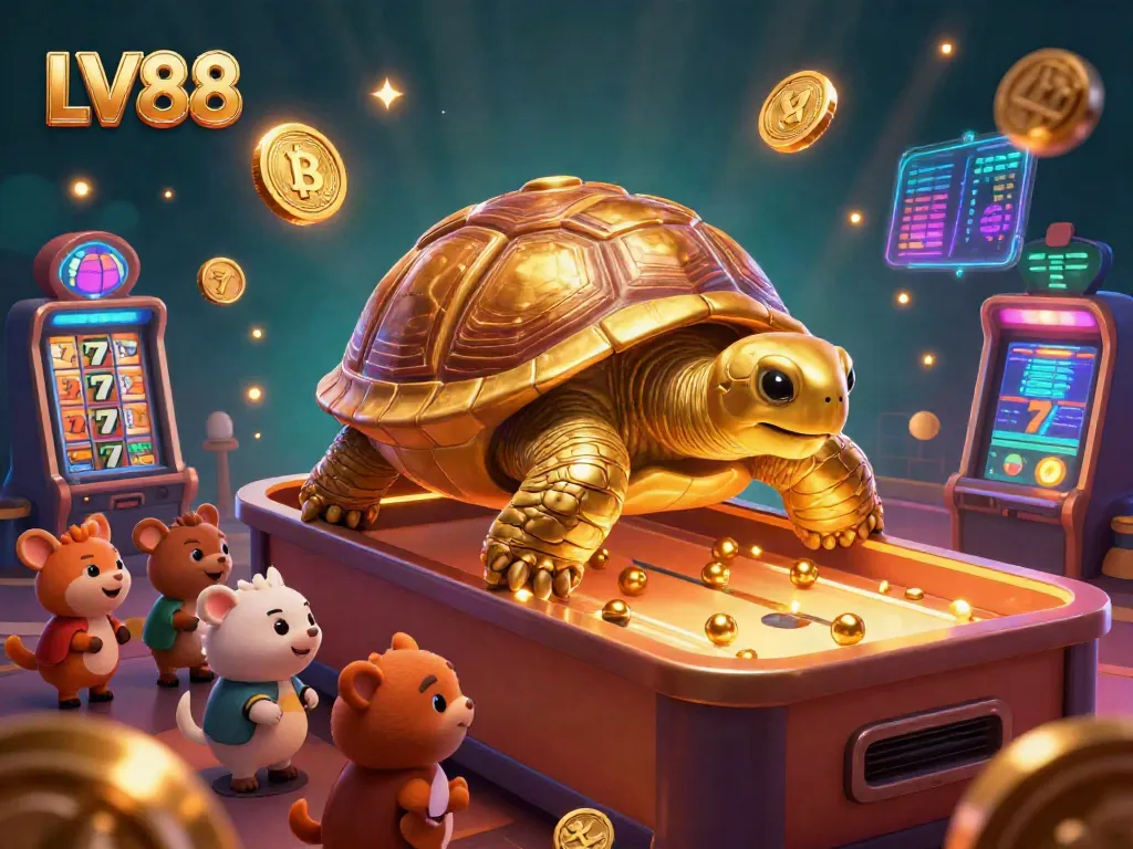 Experience the fun and excitement at LV88 with a golden tortoise pinball machine surrounded by vibrant casino elements.