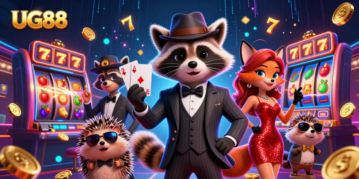 Play with excitement at UG88 while enjoying a vibrant 3D casino illustration scene featuring engaging characters.