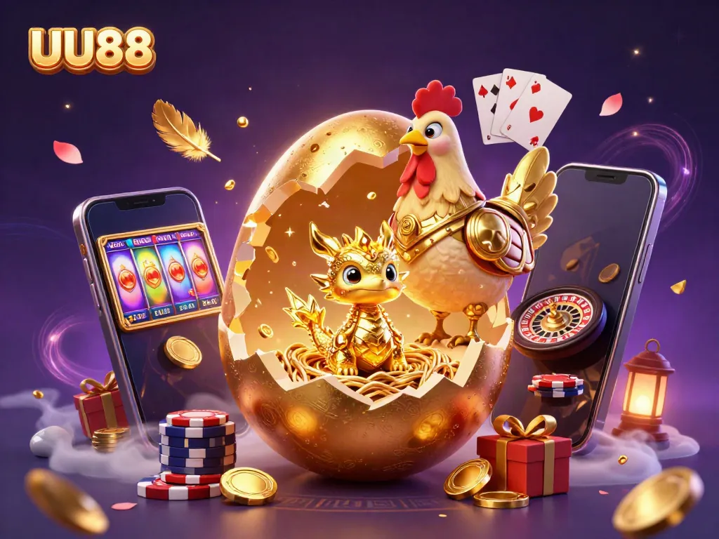 Spin the reels and discover fortune at UU88, illustrated with a golden dragon and dynamic casino elements.