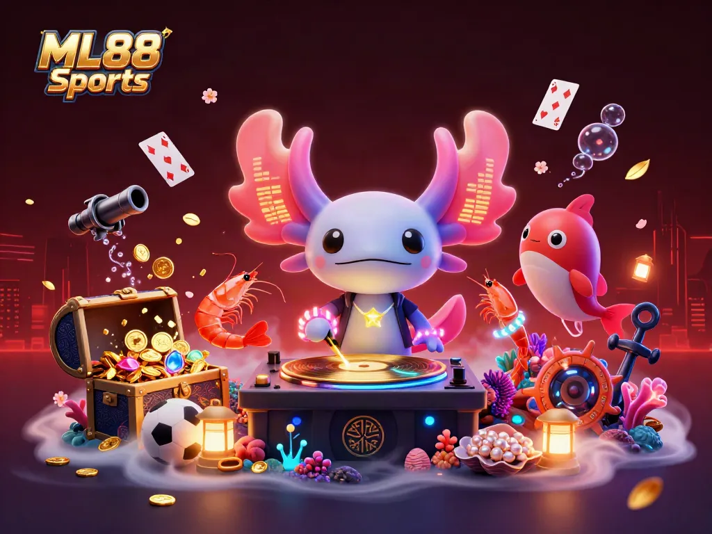 ML88 Sports online betting adventure featuring a neon axolotl DJ and vibrant sea characters.
