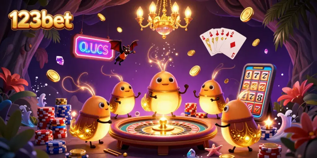 Enjoy thrilling games at 123bet, where glowing glowworms illuminate a vibrant cave casino.