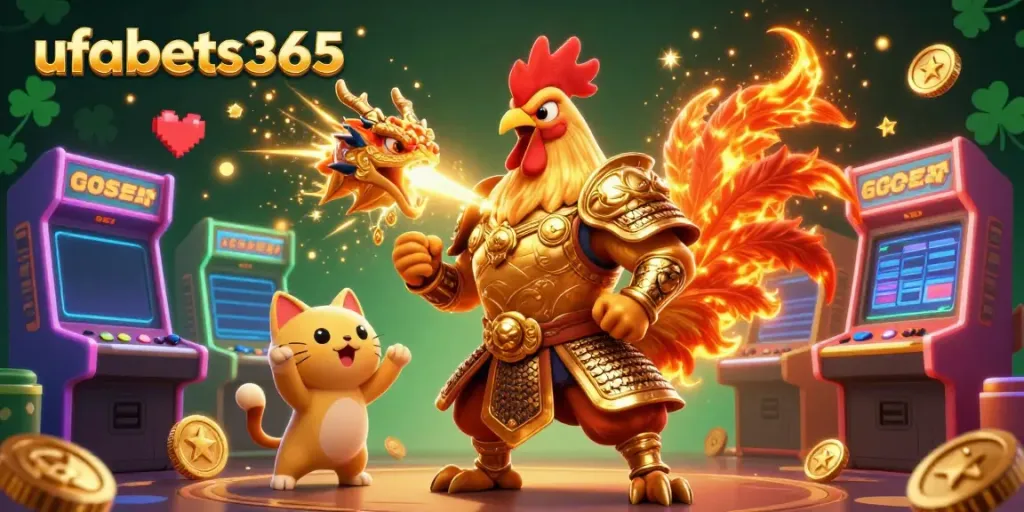 Experience the thrilling world of ufabets365 with a digital illustration featuring a samurai rooster and dragon in an arcade game scene.