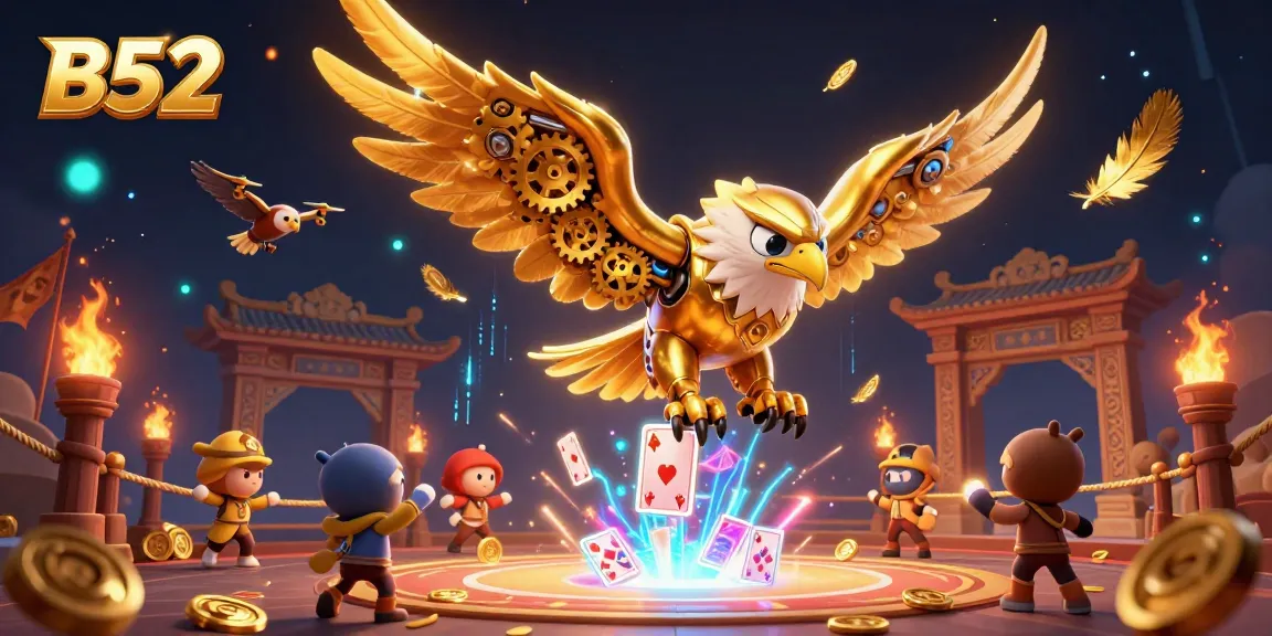 Win big with the B52 on a dynamic casino illustration showcasing golden eagles and holographic cards.