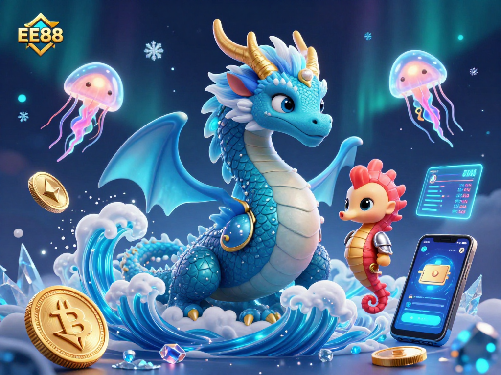 Play and win big with EE88 in a vibrant 3D digital casino illustration featuring crypto themes.
