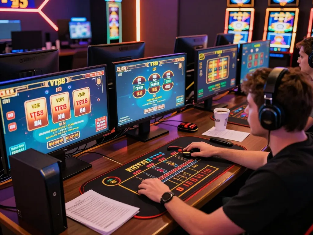Engaged player exploring VT88 online casino games, vibrant setup showcasing strategic gameplay