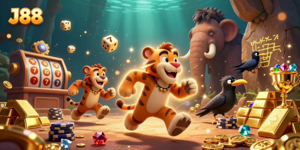 Experience thrilling gameplay at J88 with a lively casino scene featuring cartoon characters and slot elements.