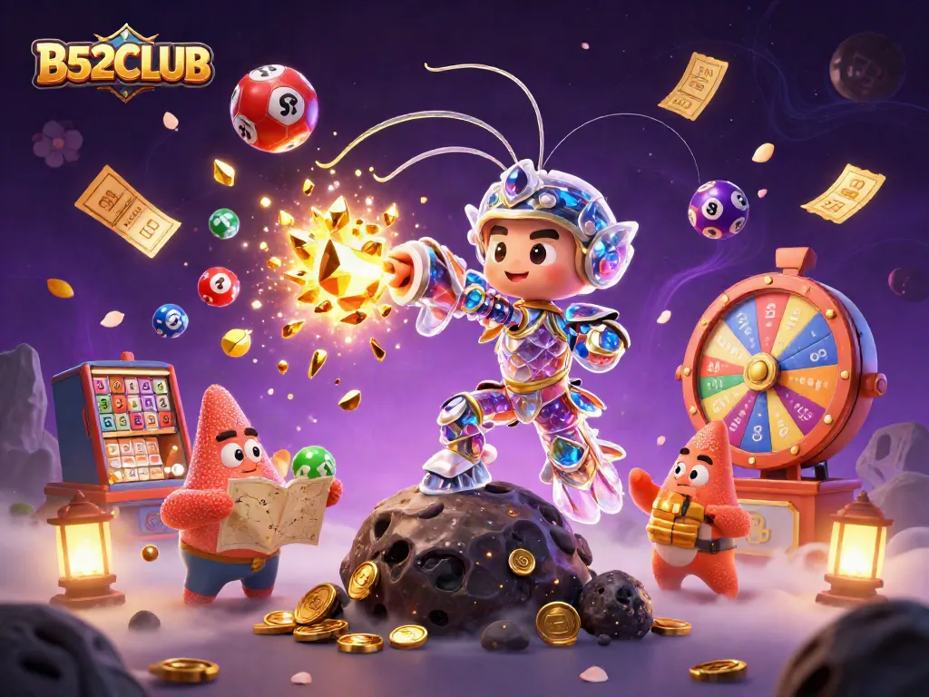 B52CLUB showcases a vibrant scene filled with lottery balls, treasure, and gaming excitement.