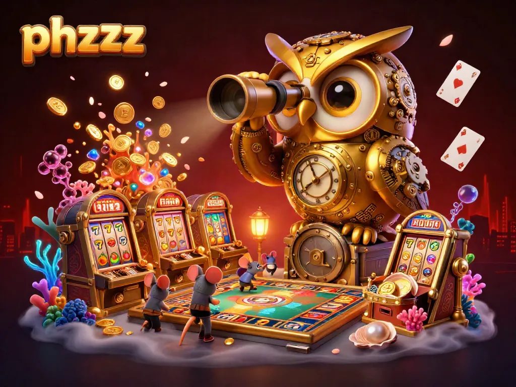 Engage with the dynamic phzzz casino scene featuring a golden owl on vaults, swirling playing cards, and slot machines.