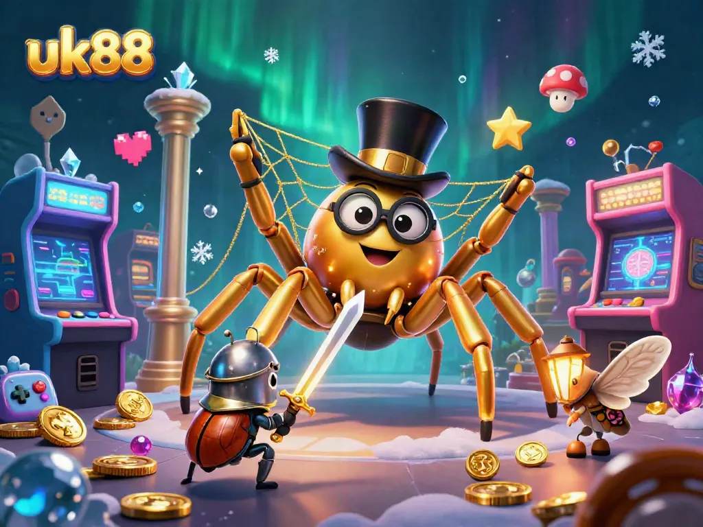 Engage with exciting gaming elements at uk88, featuring a golden tarantula and beetle knight in a vibrant casino