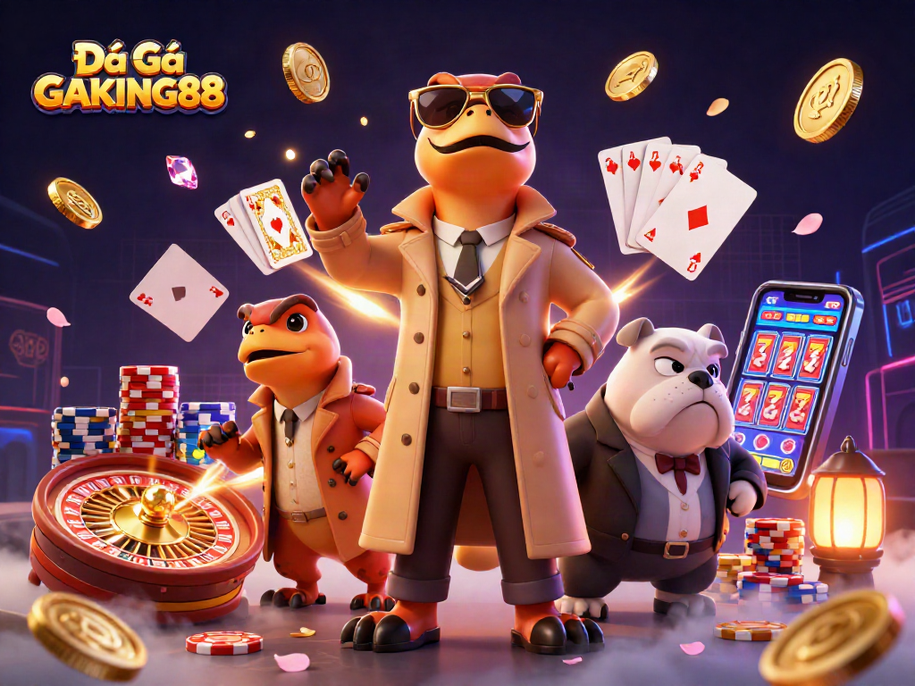 Join the excitement of Đá Gà GAKING88 in a lively casino scene featuring playful elements.