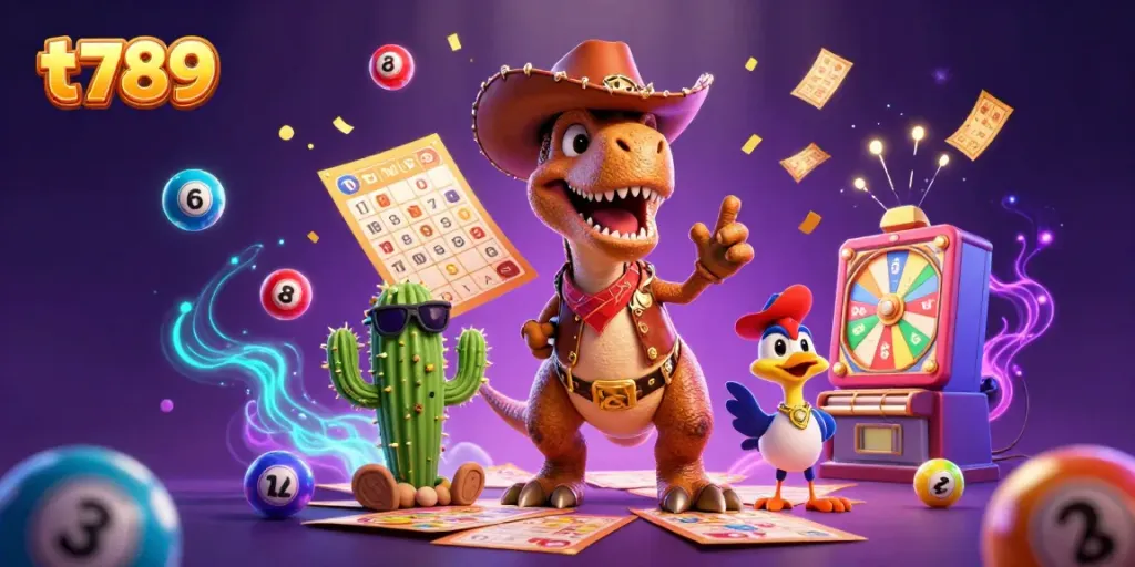 Experience exciting t789 gaming with a colorful, lively 3D casino illustration.
