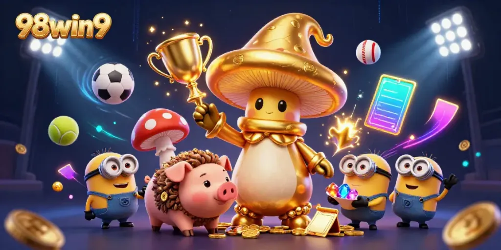 Bet on 98win9 with a dynamic scene of casino magic featuring golden characters and exciting sports elements.