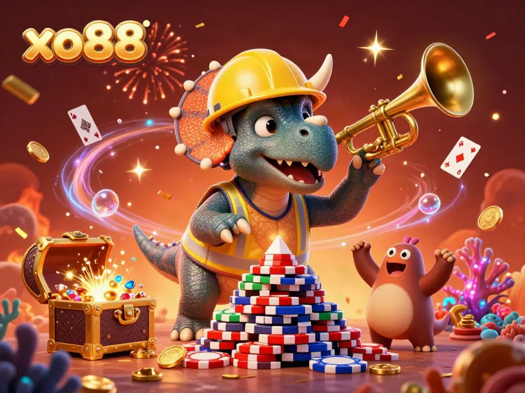 Engage with xo88's vibrant casino world, featuring a triceratops and excitement of gaming.