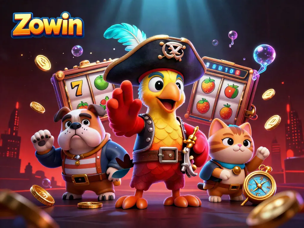 Zowin slot scene with pirate captain, bulldog, and cat among vibrant game elements and rich casino atmosphere.