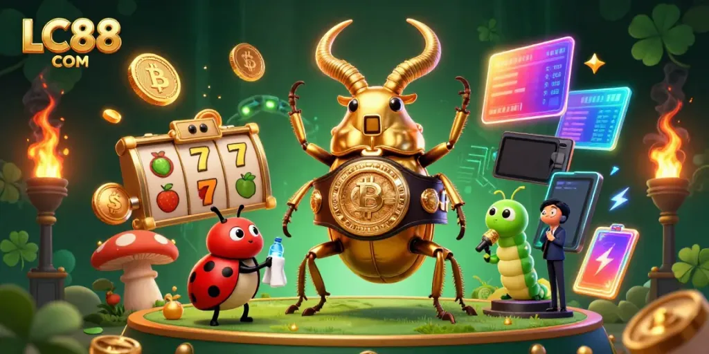Engage with LC88 COM in a vibrant casino scene featuring animated characters and gaming elements