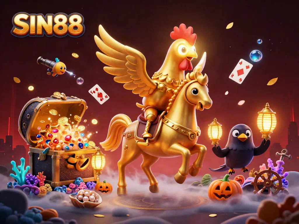 SIN88 transforms into a captivating online casino adventure with golden rooster, lanterns, and treasure-filled treasures.