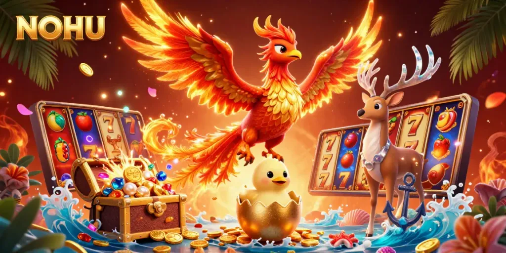 Experience big wins with NOHU in a vibrant casino scene featuring a blazing phoenix and golden treasures.