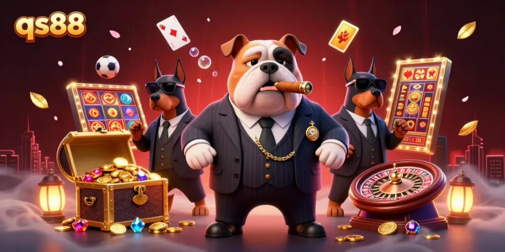 Experience qs88 casino thrills with a dynamic illustration of a mafia boss bulldog and his bodyguard pinschers amid a wealth of chips and slots.
