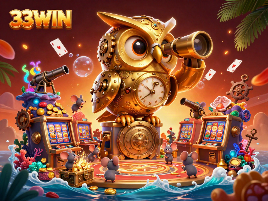 33WIN players enjoy excitement amidst a lively casino scene featuring vibrant characters and gaming elements.